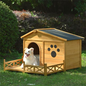 48 Wooden Dog House Outdoor With Porch, Dog Kennel With Water-Resistant Asphalt Roof And Fencing,Indoor & Outdoor Dog Crate With Paw Print, Mediu (Option: Natural) 48 Wooden Dog House Outdoor With Porch, Dog Kennel With Water-Resistant Asphalt Roof And Fencing,Indoor & Outdoor Dog Crate With Paw Print, Mediu (Option: Natural)